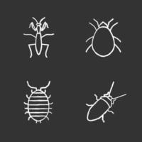 ensemble d'icônes de craie d'insectes. mante, cafard, cloporte, acarien. illustrations de tableau de vecteur isolé