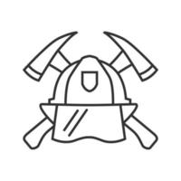 icône linéaire de la croix maltaise des pompiers. casque de protection et haches croisées. illustration de la ligne mince. emblème des pompiers. symbole de contour. dessin de contour isolé de vecteur