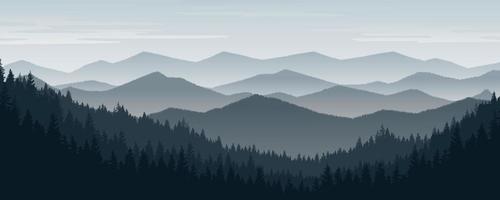 paysage de montagne avec pins et forêts sous un ciel d'hiver. vecteur