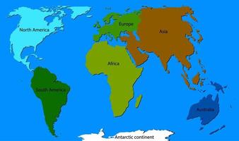continents de la planète bec avec des noms et des couleurs différentes sur le bleu vecteur