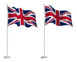 drapeau du royaume-uni de grande-bretagne et d'irlande du nord sur mât ondulant dans le vent. élément de conception de vacances. point de contrôle pour les symboles cartographiques. vecteur isolé sur fond blanc