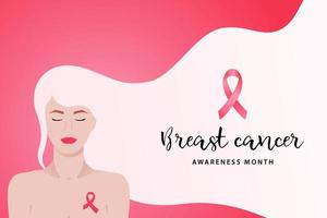 bannière du mois de sensibilisation au cancer du sein avec jeune femme et ruban rose. vecteur
