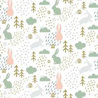 motif enfantin sans couture avec une jolie silhouette de lapin dans la forêt. texture d'enfants de style scandinave pour le tissu, l'emballage, le textile, le papier peint, l'habillement. illustration vectorielle vecteur