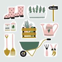 joli ensemble d'autocollants d'éléments de jardin. outils et plantes de jardinage. clipart vectoriel. vecteur