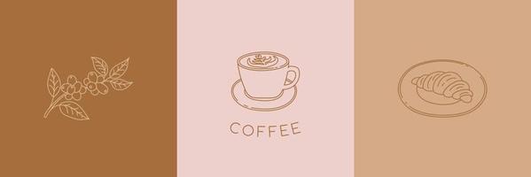 ensemble de modèles d'emblèmes simples - branche de café, cappuccino et croissant.
