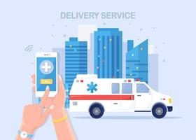service d'appel d'urgence. voiture d'ambulance et appel au médecin par téléphone. conception de vecteur