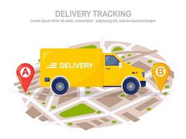 service de livraison rapide gratuit par camion jaune, van. le courrier livre la commande de nourriture par auto. suivi de colis en ligne. conception de vecteur