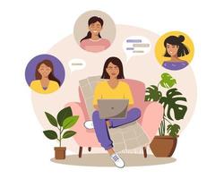 une femme est assise sur une chaise avec un ordinateur portable et discute avec des collègues ou des amis vecteur