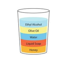 concept d'expérience scientifique de densité liquide. couches fluides séparées. expérience de laboratoire avec la densité de l'huile, de l'eau, du miel, du savon et de l'alcool. différents types de liquide dans le verre. illustration vectorielle vecteur