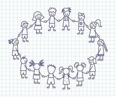 enfants heureux de bâton de doodle se tenant la main. enfants drôles dessinés à la main en cercle. concept d'amitié internationale. communauté d'enfants doodle. illustration vectorielle linéaire sur fond carré vecteur