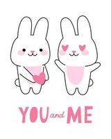 carte avec amour couple lapin. concept saint valentin. mignon lapin kawaii. illustration de dessin animé de vecteur pour l'impression.