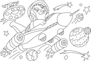 les cosmonautes voyagent sur de nombreuses planètes avec des fusées et rencontrent un livre de coloriage extraterrestre vecteur