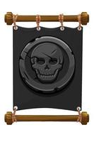 bannière marque pirate noire, crâne de pierre pour le jeu. illustration vectorielle de bannière de tissu gris, pièce de monnaie ancienne. vecteur