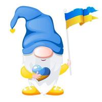 gnome aux couleurs ukrainiennes bleu et jaune entre les mains du drapeau de l'ukraine et un coeur. soutien à l'ukraine dans le dessin animé vecteur