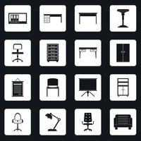 icônes de mobilier de bureau définies vecteur de carrés