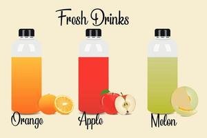 le concept d'une marque de bouteilles de jus avec quatre variantes de saveurs orange, pomme, melon vecteur