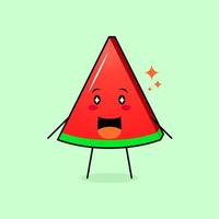 personnage mignon de tranche de melon d'eau avec sourire et expression heureuse, bouche ouverte et yeux pétillants. vert et rouge. adapté à l'émoticône, au logo, à la mascotte et à l'icône vecteur