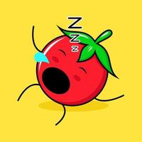 personnage de tomate mignon avec expression de sommeil, allongez-vous, fermez les yeux et ouvrez la bouche. vert, rouge et jaune. adapté pour émoticône, logo, mascotte vecteur