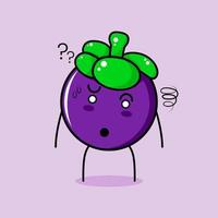 personnage de mangoustan mignon avec une expression confuse. vert et violet. adapté pour émoticône, logo, mascotte vecteur