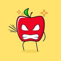 mignon personnage de pomme rouge avec une expression de colère. vert et rouge. adapté à l'émoticône, au logo, à la mascotte. une main levée, les yeux exorbités et souriants vecteur