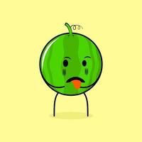 personnage mignon de pastèque avec une expression dégoûtante et une langue qui sort. vert et jaune. adapté pour émoticône, logo, mascotte vecteur