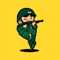personnage de dessin animé de mascotte de l'armée rétro tenant une arme en sautant. célébration de la fête de l'indépendance de l'indonésie.