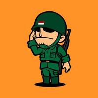personnage de dessin animé de mascotte de l'armée rétro faisant le salut. célébration de la fête de l'indépendance de l'indonésie. vecteur