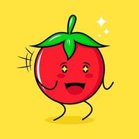 personnage de tomate mignon avec une expression heureuse, deux mains serrées et des yeux pétillants. vert, rouge et jaune. adapté pour émoticône, logo, mascotte vecteur