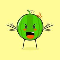 personnage mignon de pastèque avec une expression de colère. vert et jaune. adapté à l'émoticône, au logo, à la mascotte. les deux mains levées et la bouche ouverte vecteur