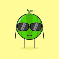 joli personnage de pastèque avec une expression souriante et des lunettes noires. vert et jaune. adapté à l'émoticône, au logo, à la mascotte ou à l'autocollant vecteur