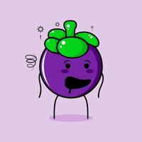 personnage de mangoustan mignon avec expression ivre et bouche ouverte. vert et violet. adapté à l'émoticône, au logo, à la mascotte et à l'icône vecteur