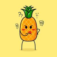 personnage d'ananas mignon avec expression de pensée et main placée sur le menton. vert et jaune. adapté pour émoticône, logo, mascotte vecteur