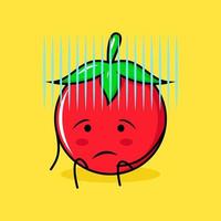 personnage de tomate mignon avec une expression désespérée et asseyez-vous. vert, rouge et jaune. adapté pour émoticône, logo, mascotte vecteur