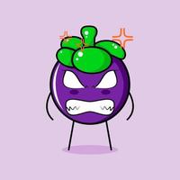 personnage de mangoustan mignon avec une expression de colère. yeux exorbités et souriants. vert et violet. adapté pour émoticône, logo, mascotte vecteur