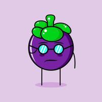 personnage de mangoustan mignon avec une expression cool et des lunettes. vert et violet. adapté à l'émoticône, au logo, à la mascotte ou à l'autocollant vecteur