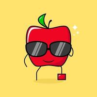 joli personnage de pomme rouge avec une expression souriante, des lunettes noires, une jambe levée et une main tenant des lunettes. vert et rouge. adapté à l'émoticône, au logo, à la mascotte ou à l'autocollant vecteur