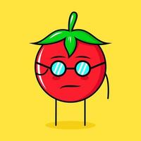 personnage de tomate mignon avec une expression cool et des lunettes. vert, rouge et jaune. adapté pour émoticône, logo, mascotte vecteur