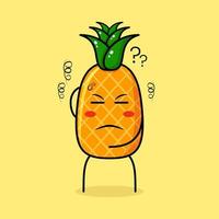 personnage d'ananas mignon avec une expression thiking, une main sur la tête et les yeux fermés. vert et jaune. adapté pour émoticône, logo, mascotte vecteur