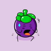 personnage de mangoustan mignon avec une expression effrayée et asseyez-vous. vert et violet. adapté à l'émoticône, au logo, à la mascotte ou à l'autocollant vecteur