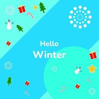 bonjour l'illustration de l'hiver. fond d'hiver avec bonhomme de neige, étoile, arbre, boîte-cadeau, canne en bonbon et flocons de neige. convient aux cartes de vœux, aux médias sociaux et aux dépliants vecteur