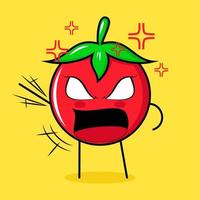 personnage mignon de tomate avec une expression de colère. vert, rouge et jaune. adapté à l'émoticône, au logo, à la mascotte. une main levée, les yeux exorbités et la bouche grande ouverte vecteur