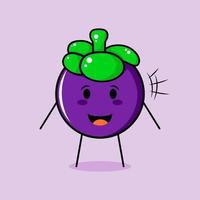 personnage de mangoustan mignon avec sourire et expression heureuse. bouche ouverte. vert et violet. adapté à l'émoticône, au logo, à la mascotte et à l'icône vecteur