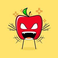 mignon personnage de pomme rouge avec une expression de colère. les deux mains levées, les yeux exorbités et la bouche grande ouverte. vert et rouge. adapté pour émoticône, logo, mascotte vecteur
