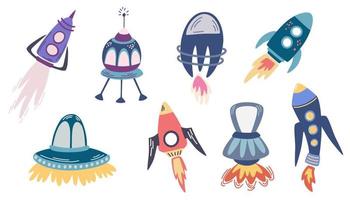 jeu de fusées spatiales. fusée, satellite, ovni. fusée de dessin animé pour vêtements ou textiles pour enfants à la mode. vecteur main dessiner illustration isolé sur fond blanc.