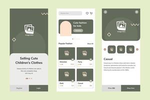vecteur de modèle de conception d'interface utilisateur pour enfants de vêtements de magasin élégant. adapté à la conception d'applications pour android et ios. application verte mobile