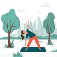 femme heureuse en tenue de sport sur un cours de yoga en plein air dans le parc de la ville. activité de plein air. concept de loisirs urbains, illustration vectorielle de sport vecteur
