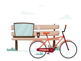 banc avec ordinateur portable, café et vélo dans le parc de la ville. travailleur indépendant ou étudiant. style de rue urbain, éducation en ligne ou concept de travail à distance vecteur