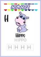 lettre de l'alphabet h est une page d'hippopotame, hippopotame mignon vecteur