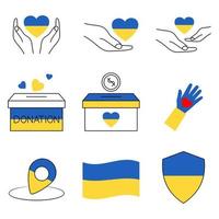 les formes de coeur ont levé les mains dans les couleurs nationales ukrainiennes bleu jaune. faire un don pour aider l'ukraine. don et concept de soutien. soutenir l'ukraine vecteur