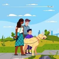 famille interracial emmène son concept de promenade de chien vecteur